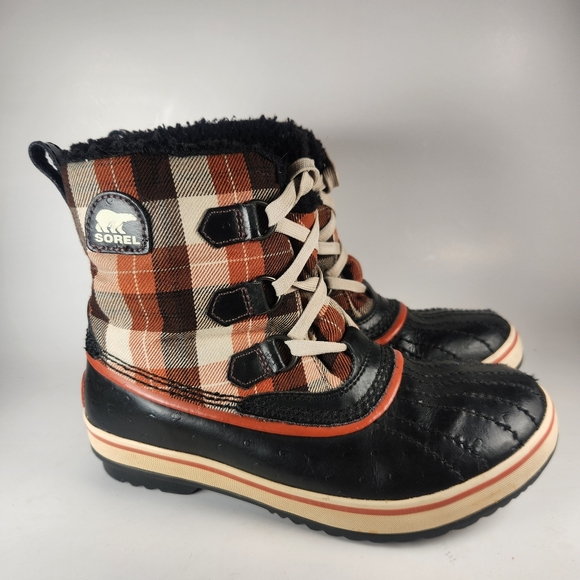 SOREL Tivoli Kids Boot Size 3 Plaid Red Black Leather Snow Outdoor Rubber Sole - Picture 2 of 12